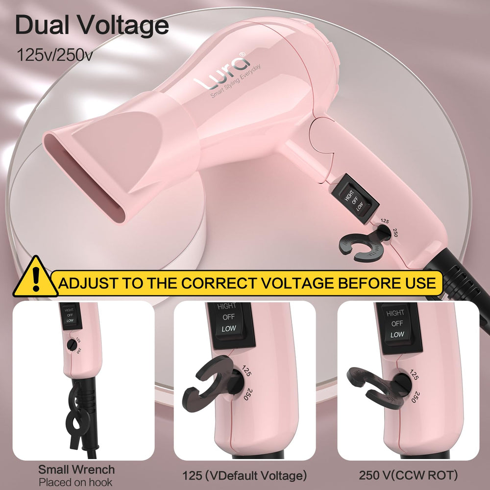 LURA mini hair dryer 1200W with 8-blade turbofan visible for strong airflow.