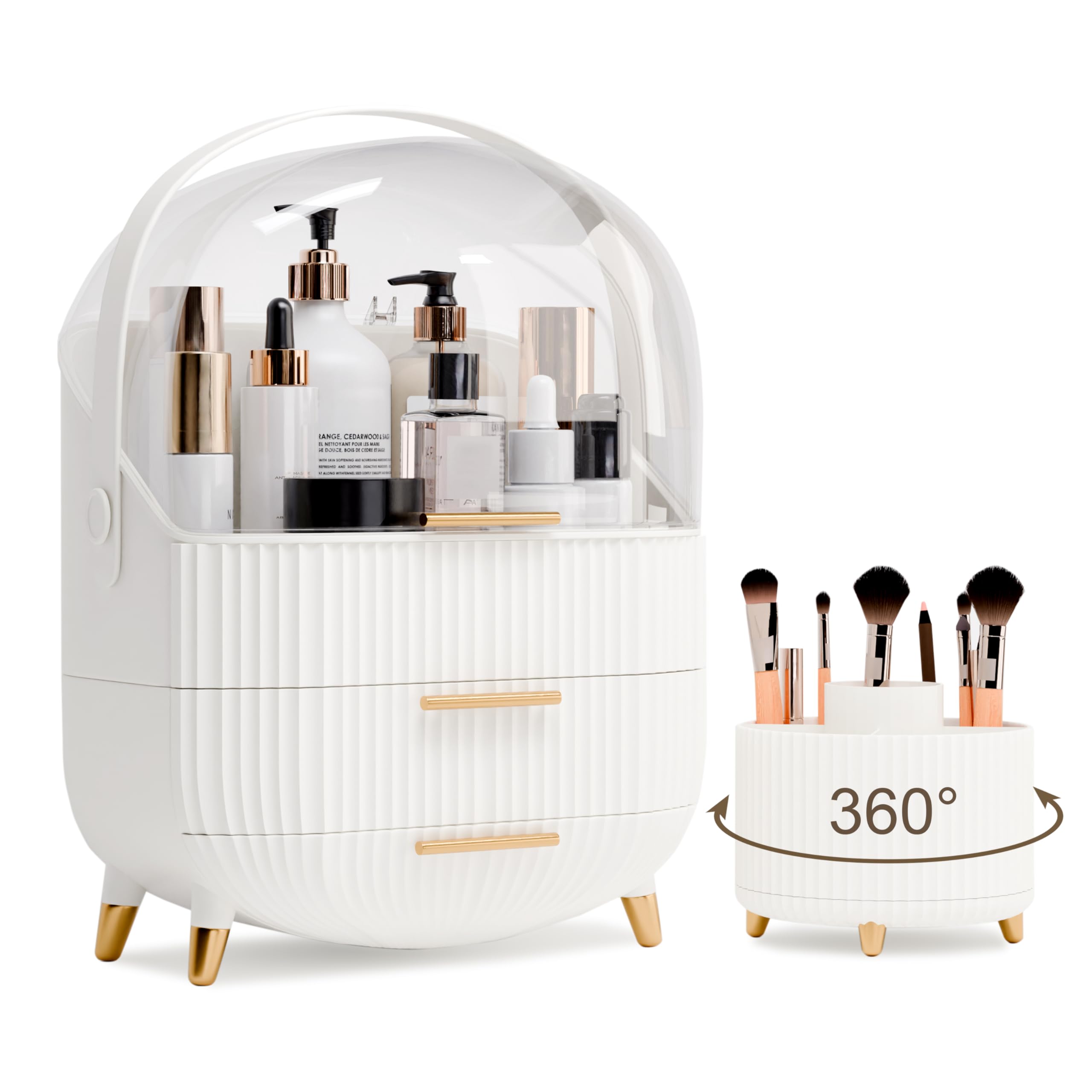LURCNS makeup organizer with lid and drawers keeps cosmetics organized on a white vanity