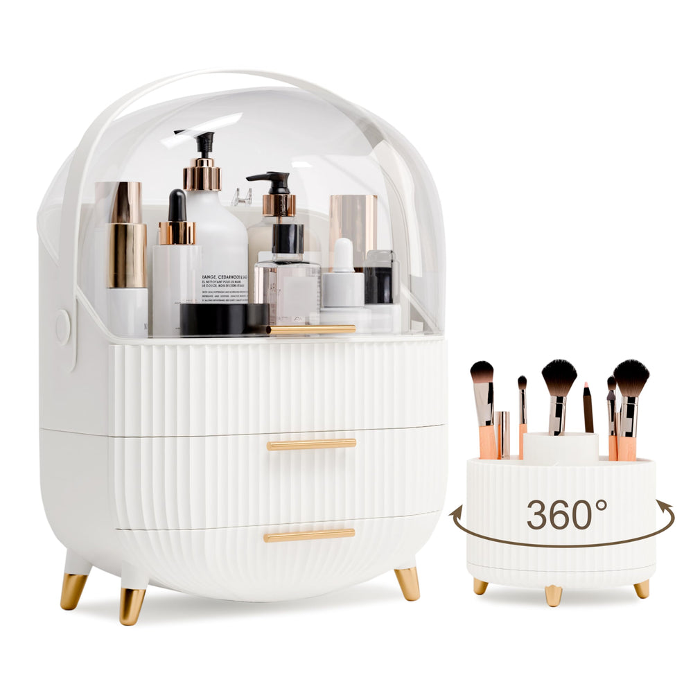 LURCNS makeup organizer with lid and drawers keeps cosmetics organized on a white vanity