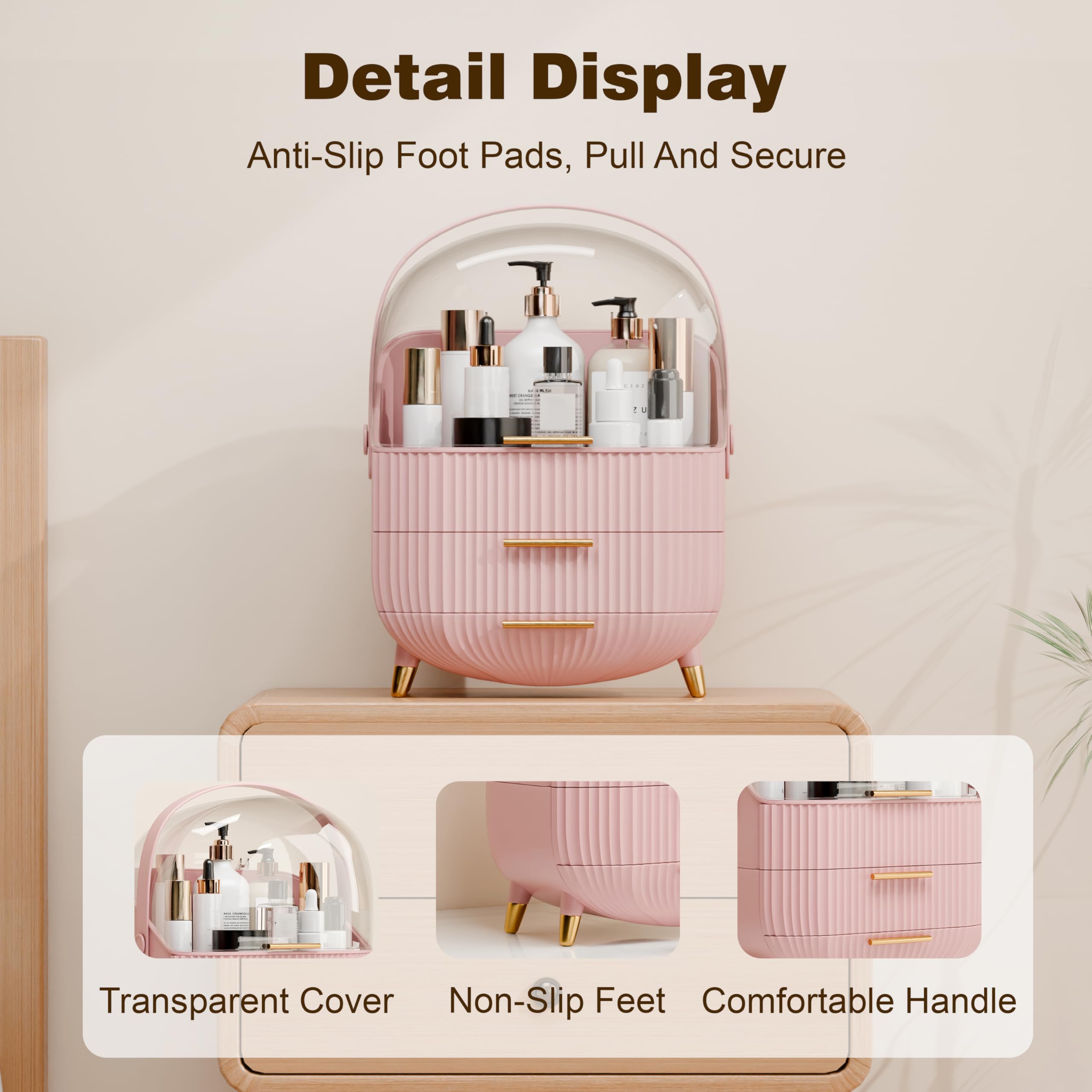lurcns makeup organizer pink acrylic cover detail highlights protective lid for dust-free cosmetics.