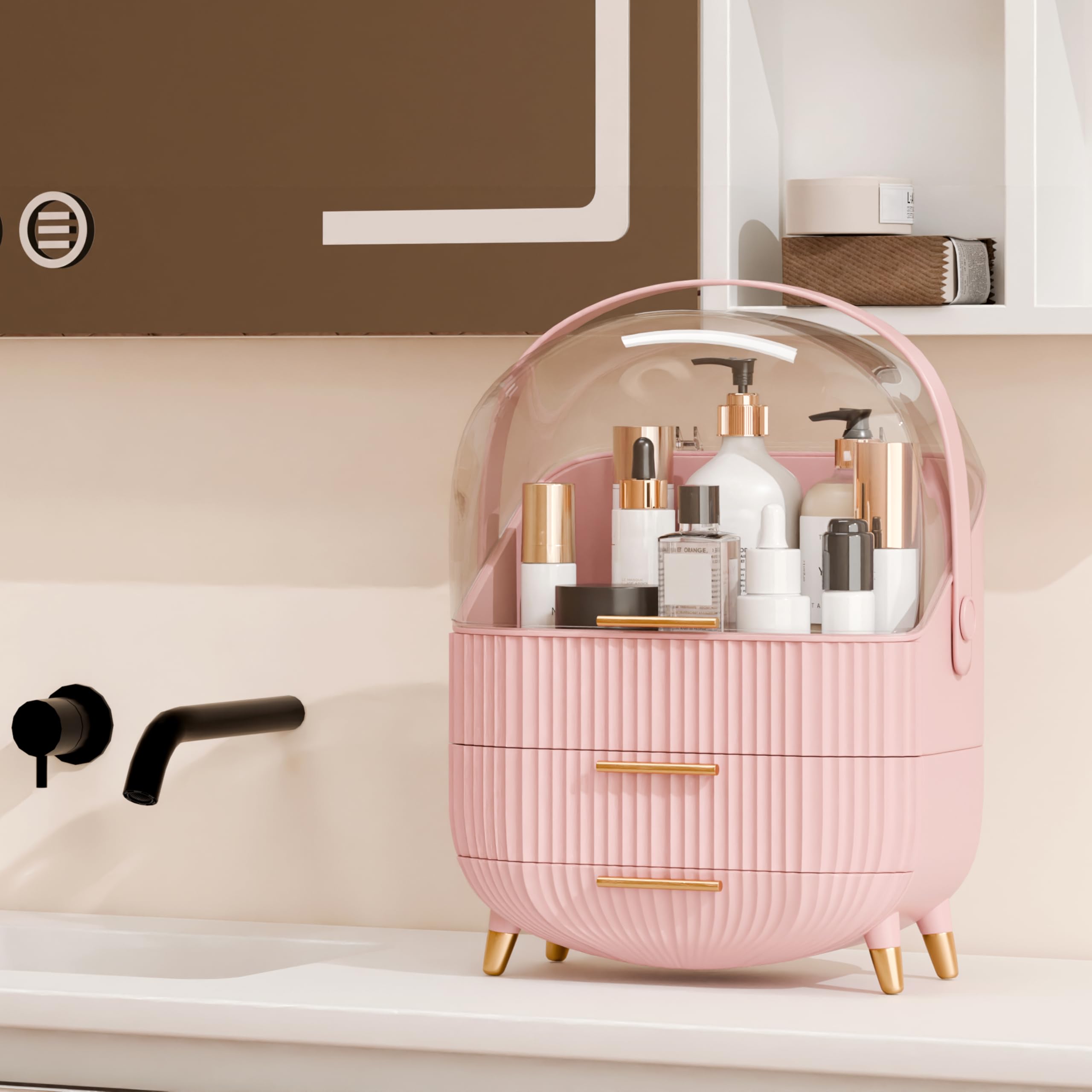 lurcns makeup organizer pink countertop-display keeps vanity neat and stylish during daily routines.