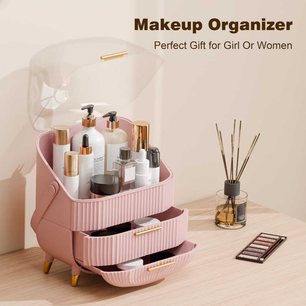 lurcns makeup organizer pink drawer-organization shows efficient storage for bottles and palettes.