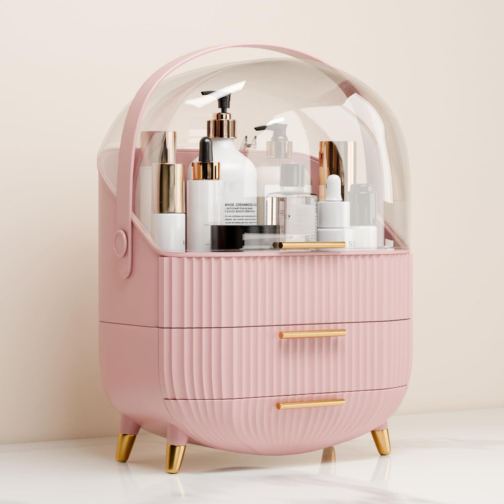 lurcns makeup organizer pink front with lid showcases organized vanity storage for easy access.