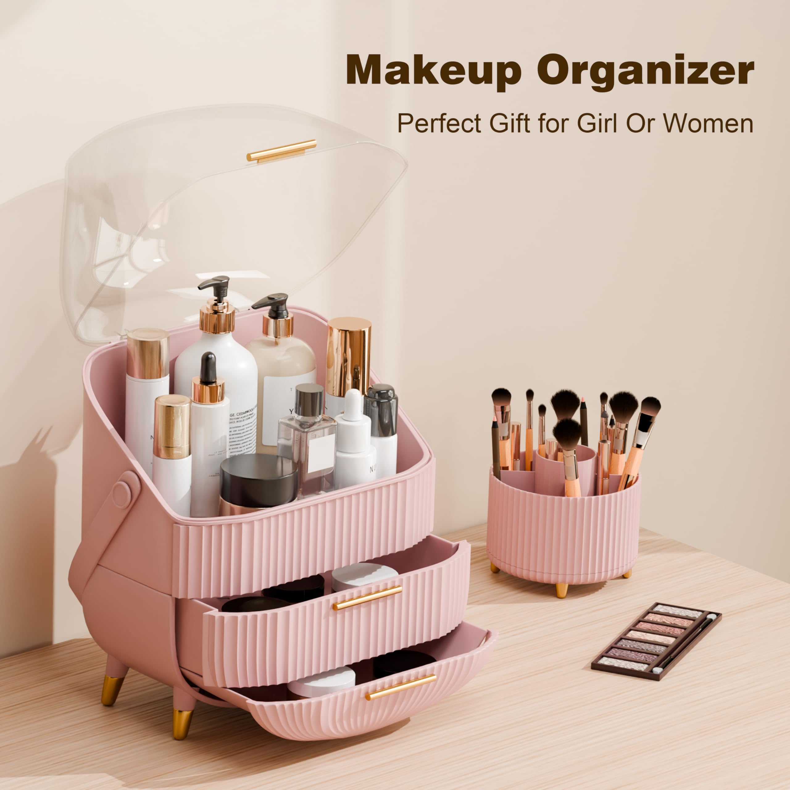 Lurcns transparent lid and gold handle add a chic, dustproof display for cosmetics.