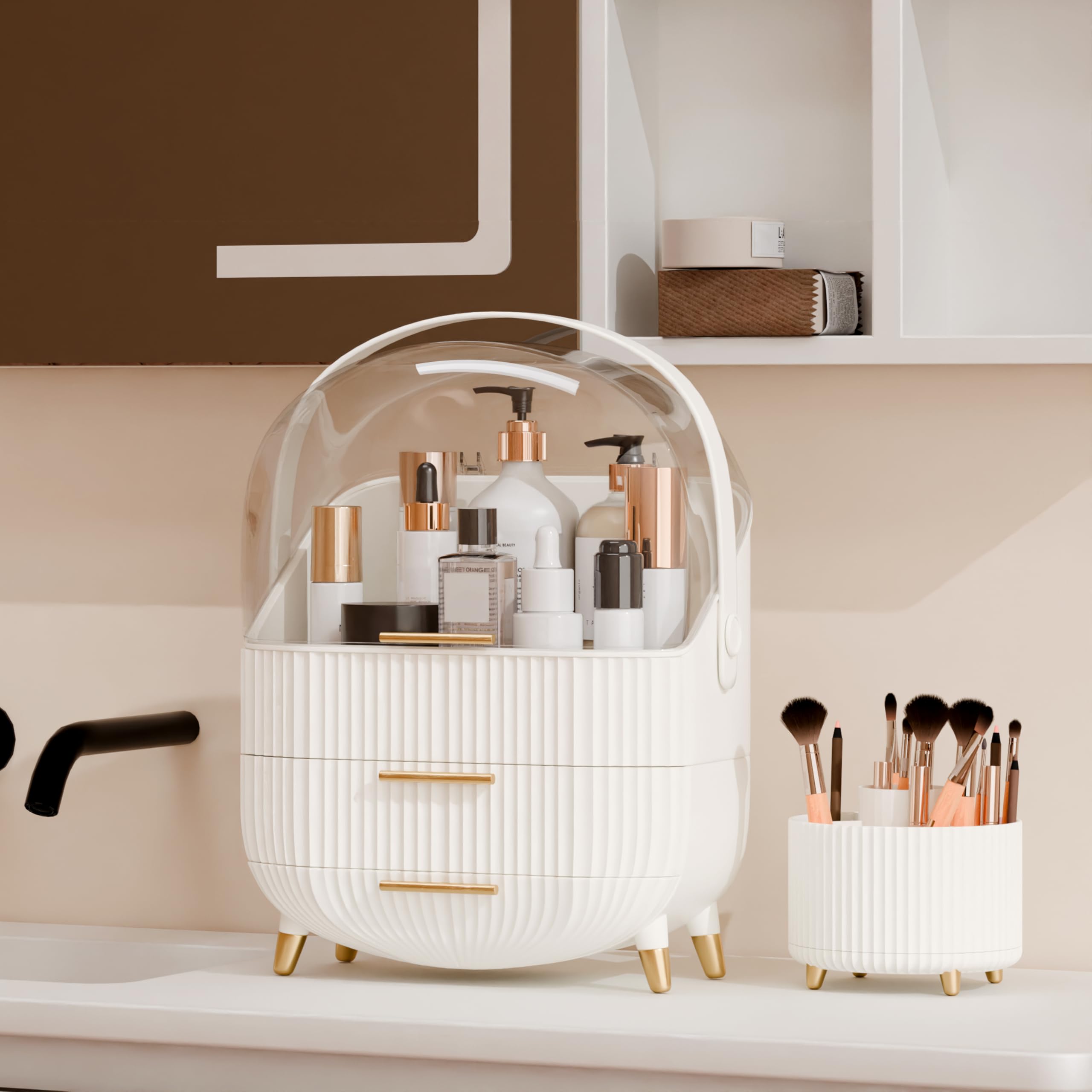 LURCNS makeup organizer on a dresser demonstrates compact vanity storage for daily routines