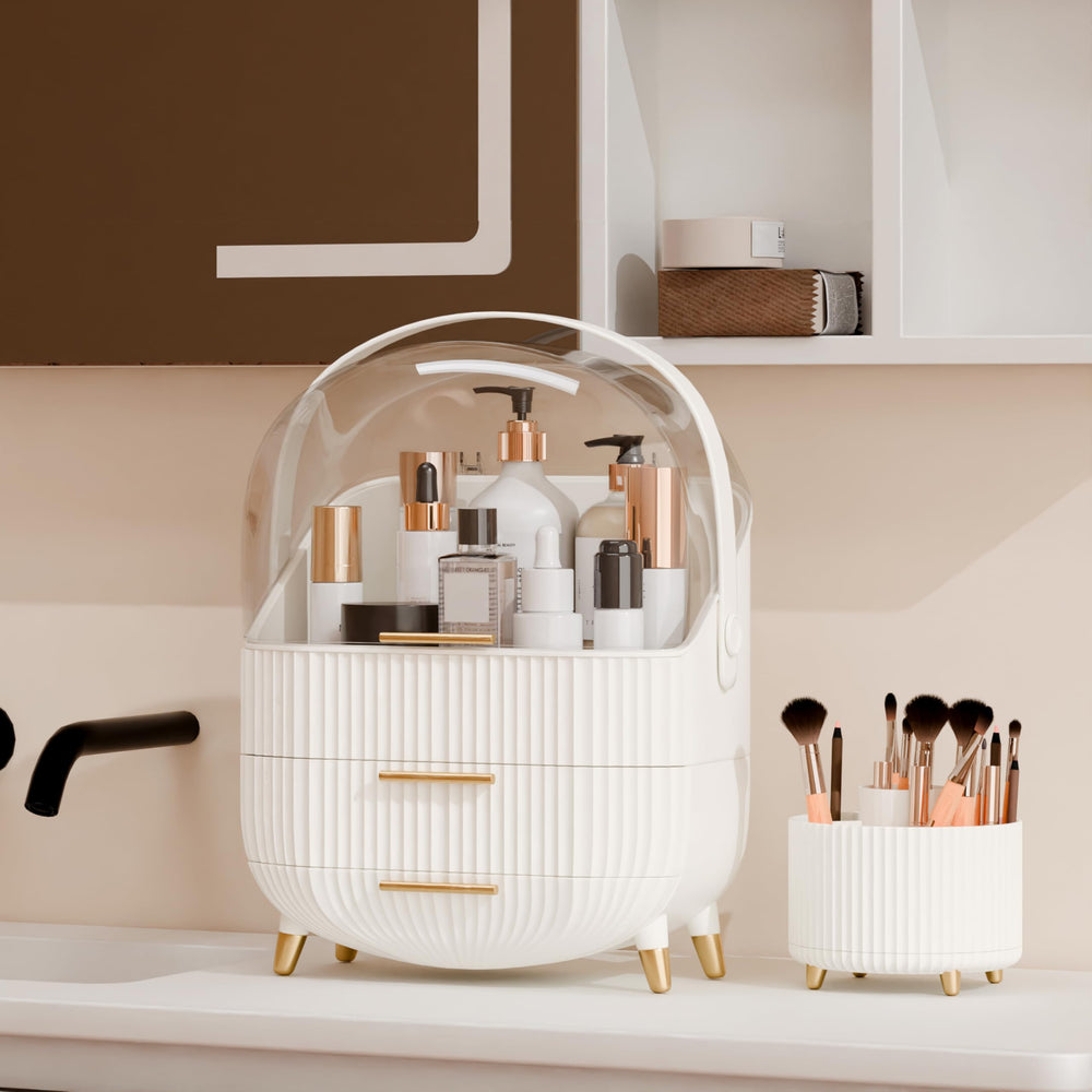 LURCNS makeup organizer on a dresser demonstrates compact vanity storage for daily routines