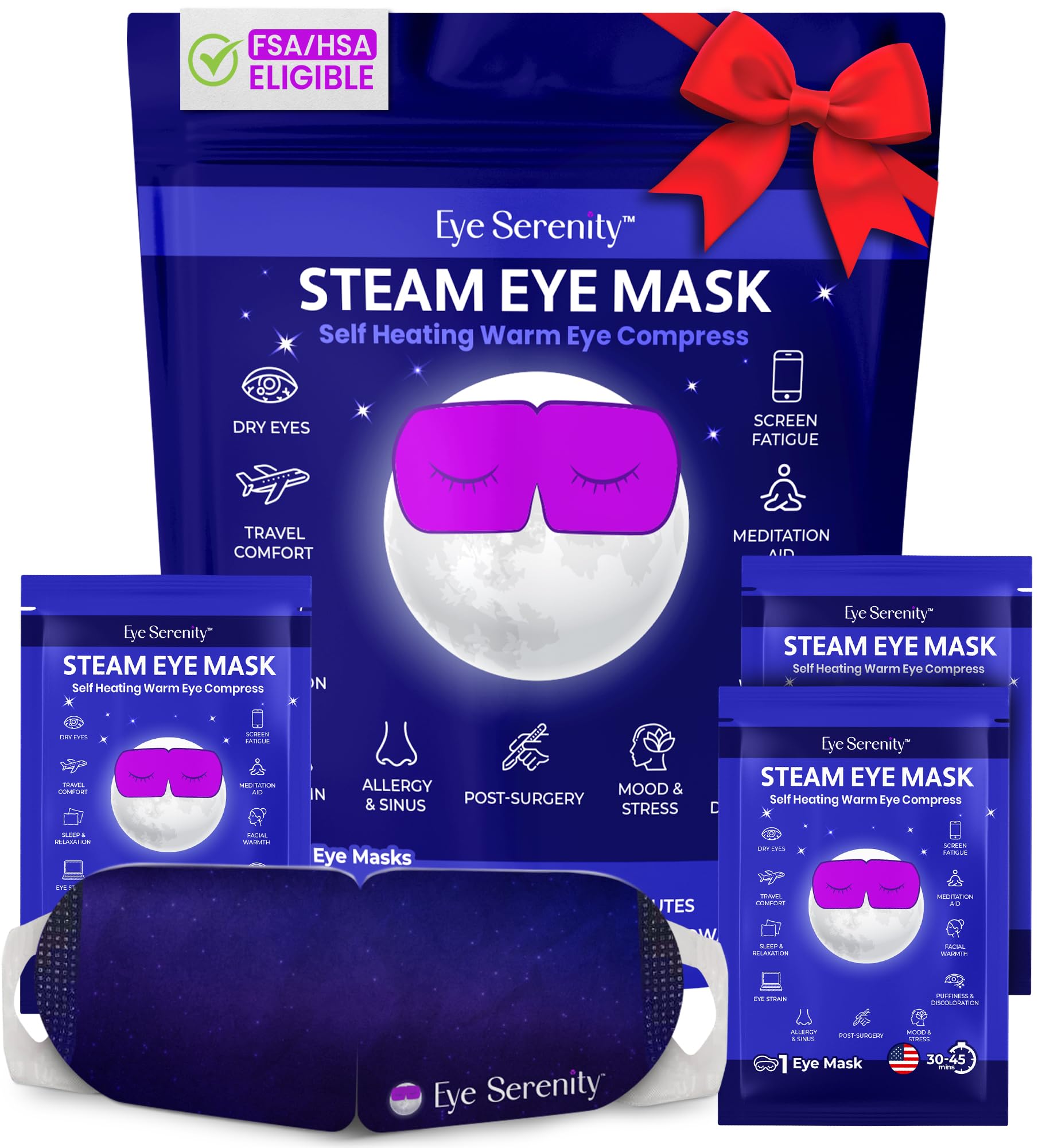 Lure Essentials self-heating warm compress eye mask image demonstrates spa-like moisture relief after screen time.