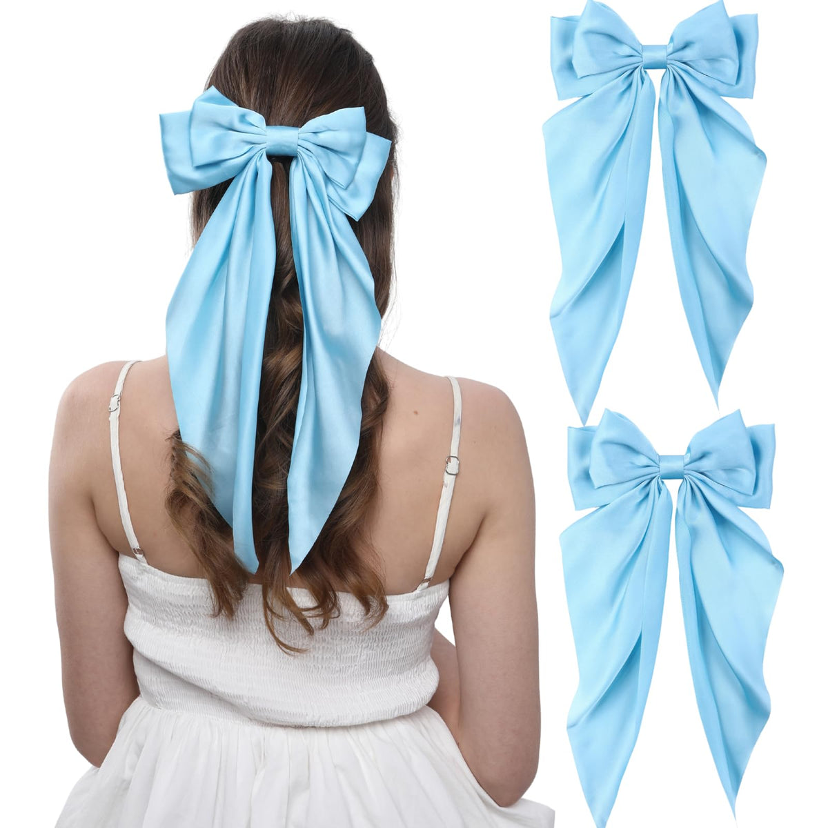 LuSeren bow clip light blue satin feel for a delicate spring look.