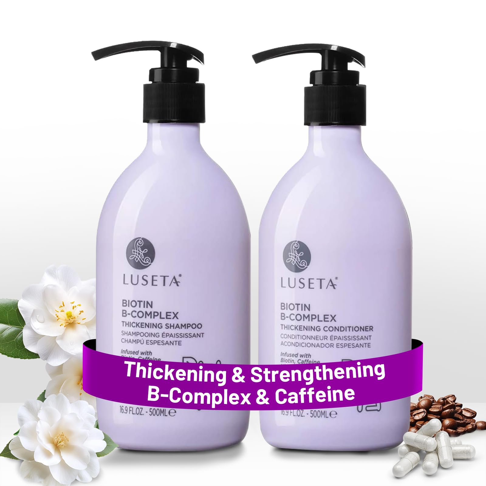 Luseta B-Complex Shampoo bottle on shelf promoting healthier hair.