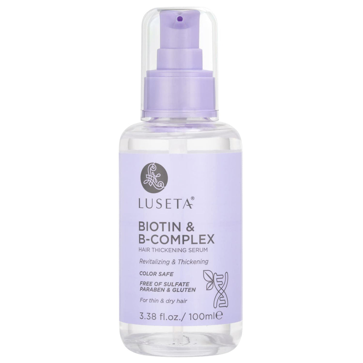 Luseta Biotin B-Complex Hair Oil bottle shows lightweight formula for thicker looking hair