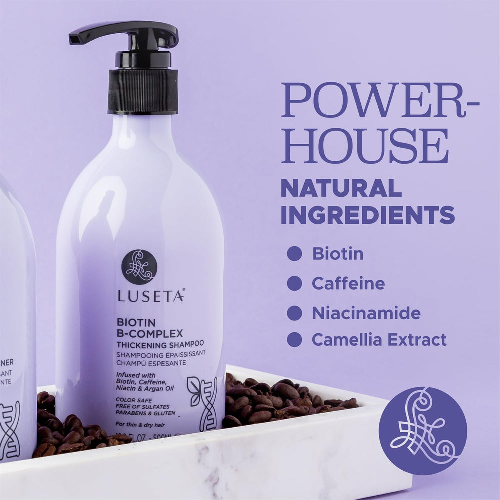 Luseta Biotin B-Complex Shampoo with argan oil droplets for moisture and repair.