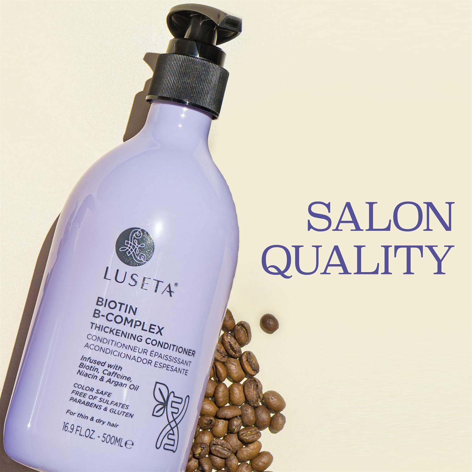 Luseta Biotin B-Complex Thickening Conditioner ingredients icon highlights biotin and caffeine benefits.