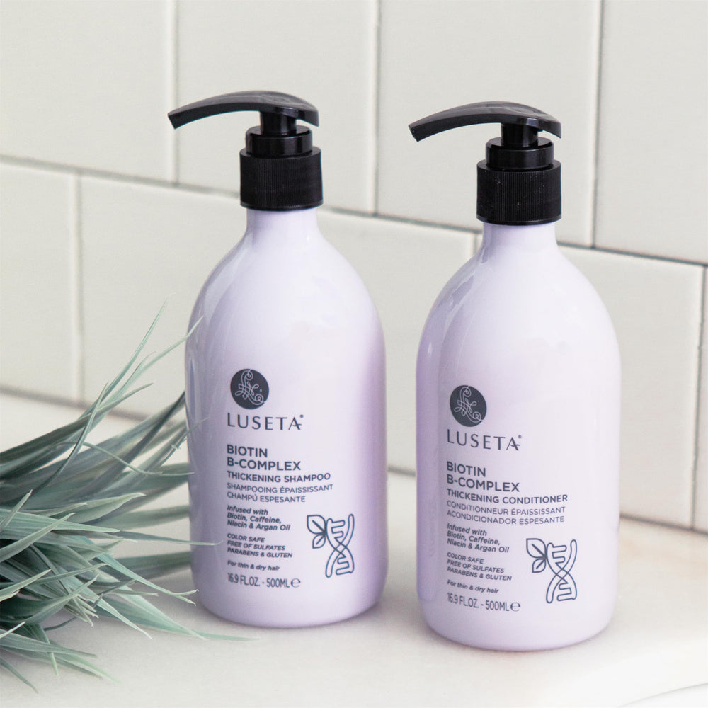 Luseta Biotin B-Complex Thickening Conditioner product shot with healthy scalp vibe.