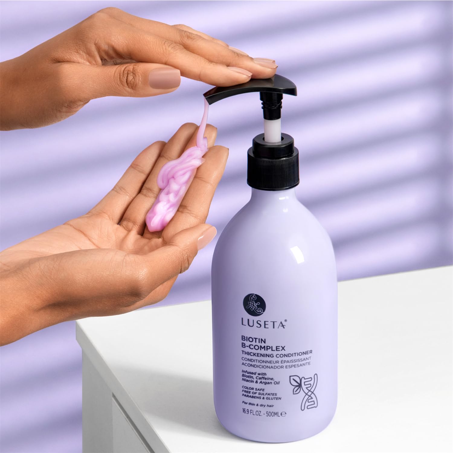 Luseta Biotin B-Complex Thickening Conditioner safe for color-treated hair label note.