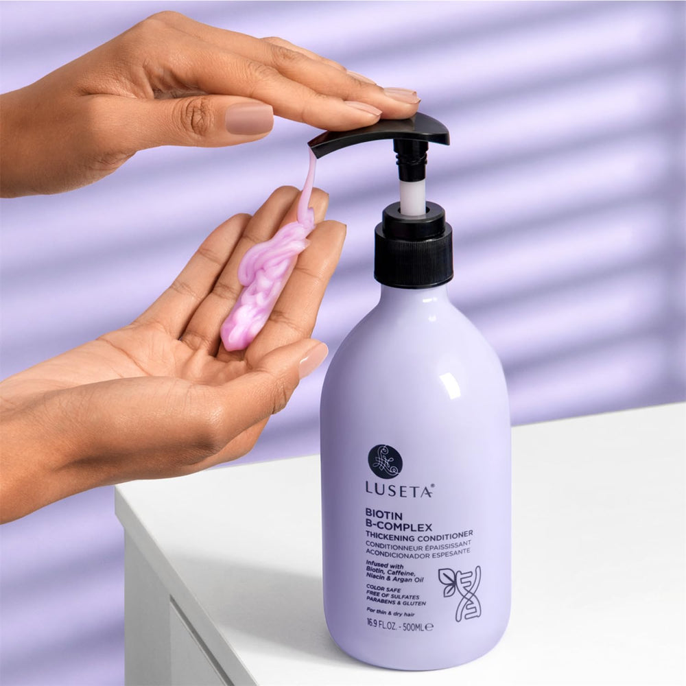 Luseta Biotin B-Complex Thickening Conditioner safe for color-treated hair label note.