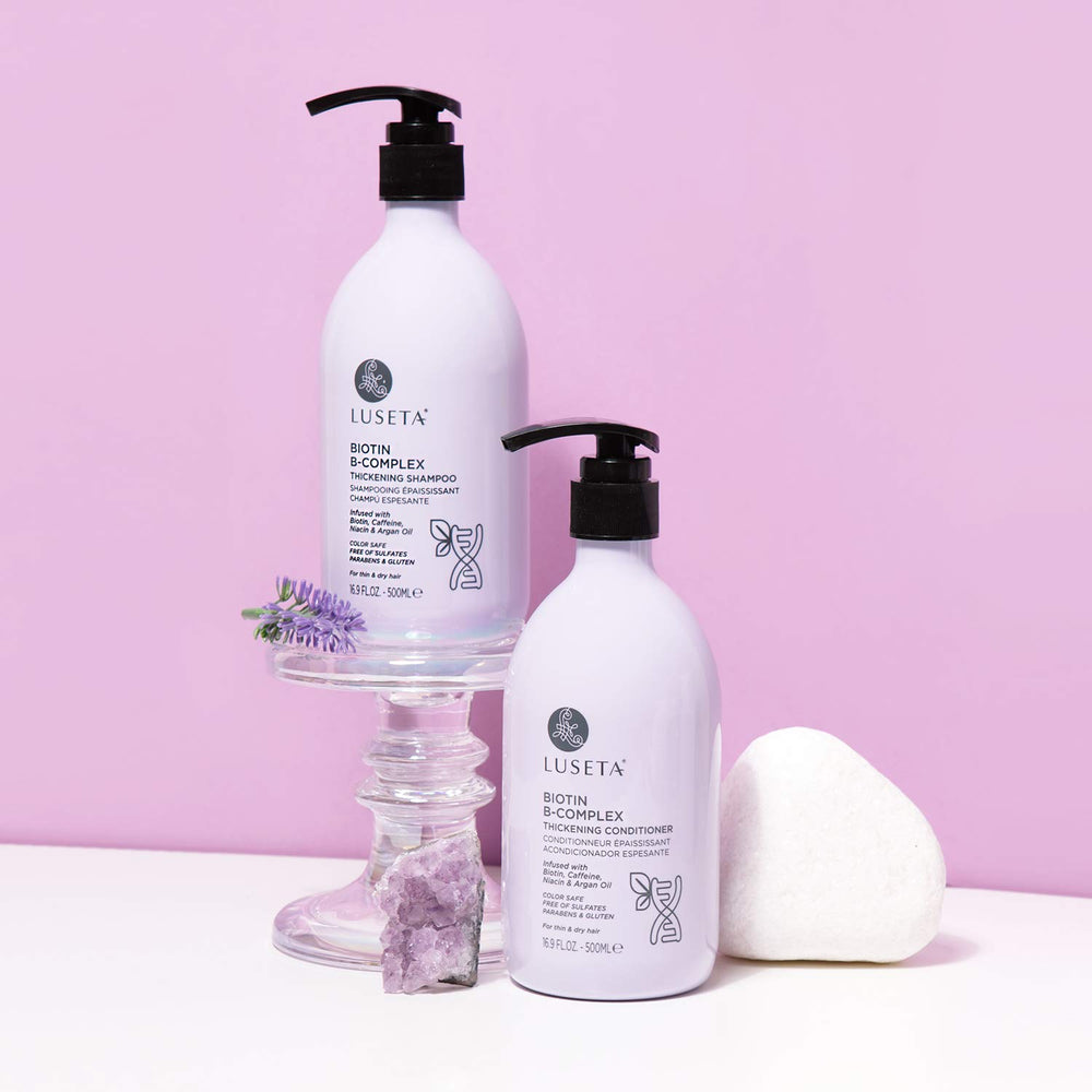 Luseta Biotin B-Complex formula with argan oil and vitamins nourishes strands.