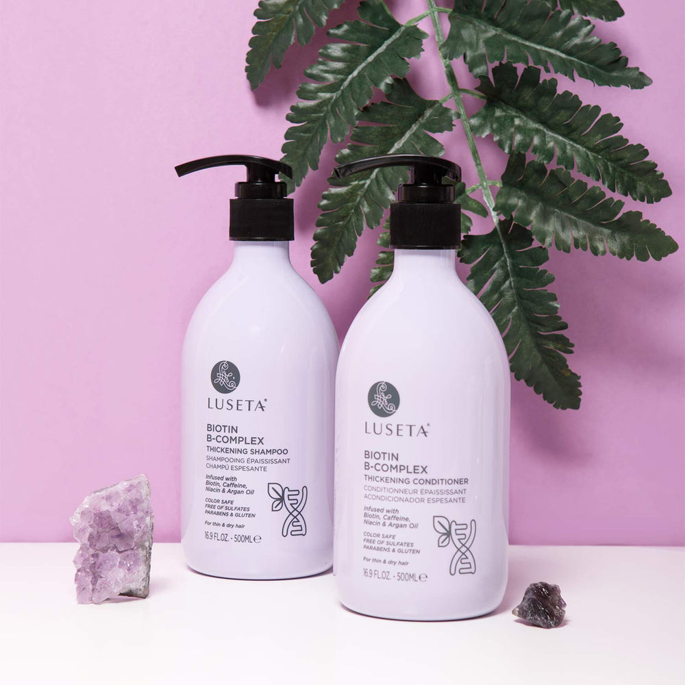 Luseta Biotin B-Complex Conditioner bottle pump delivers smooth, resilient strands.