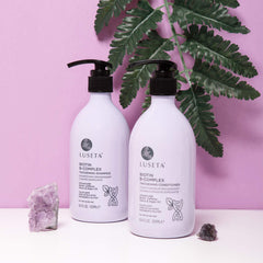 Luseta Biotin B-Complex Conditioner bottle pump delivers smooth, resilient strands.