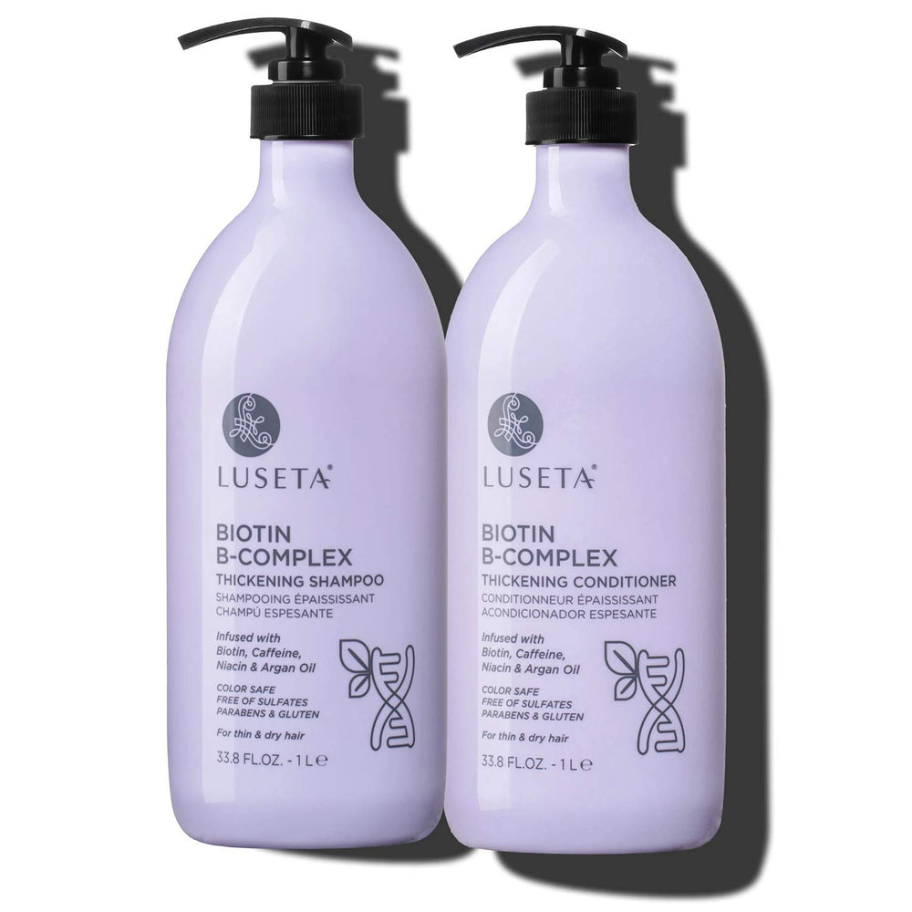 Luseta Biotin B-Complex Shampoo bottle pours rich lather for fuller-looking hair.