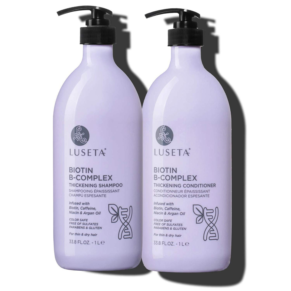 Luseta Biotin B-Complex Shampoo bottle pours rich lather for fuller-looking hair.