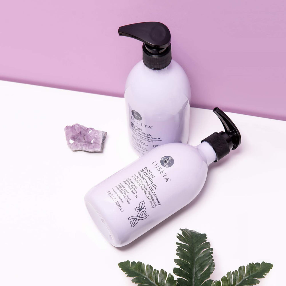 Luseta Biotin B-Complex Shampoo foam-in-hand shows cleansing action and scalp care.