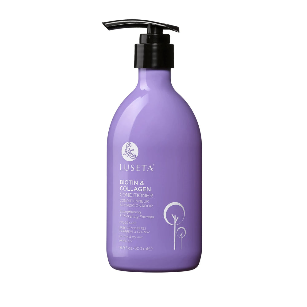 Luseta biotin and collagen conditioner bottle showcases sulfate-free formula for healthy hair.