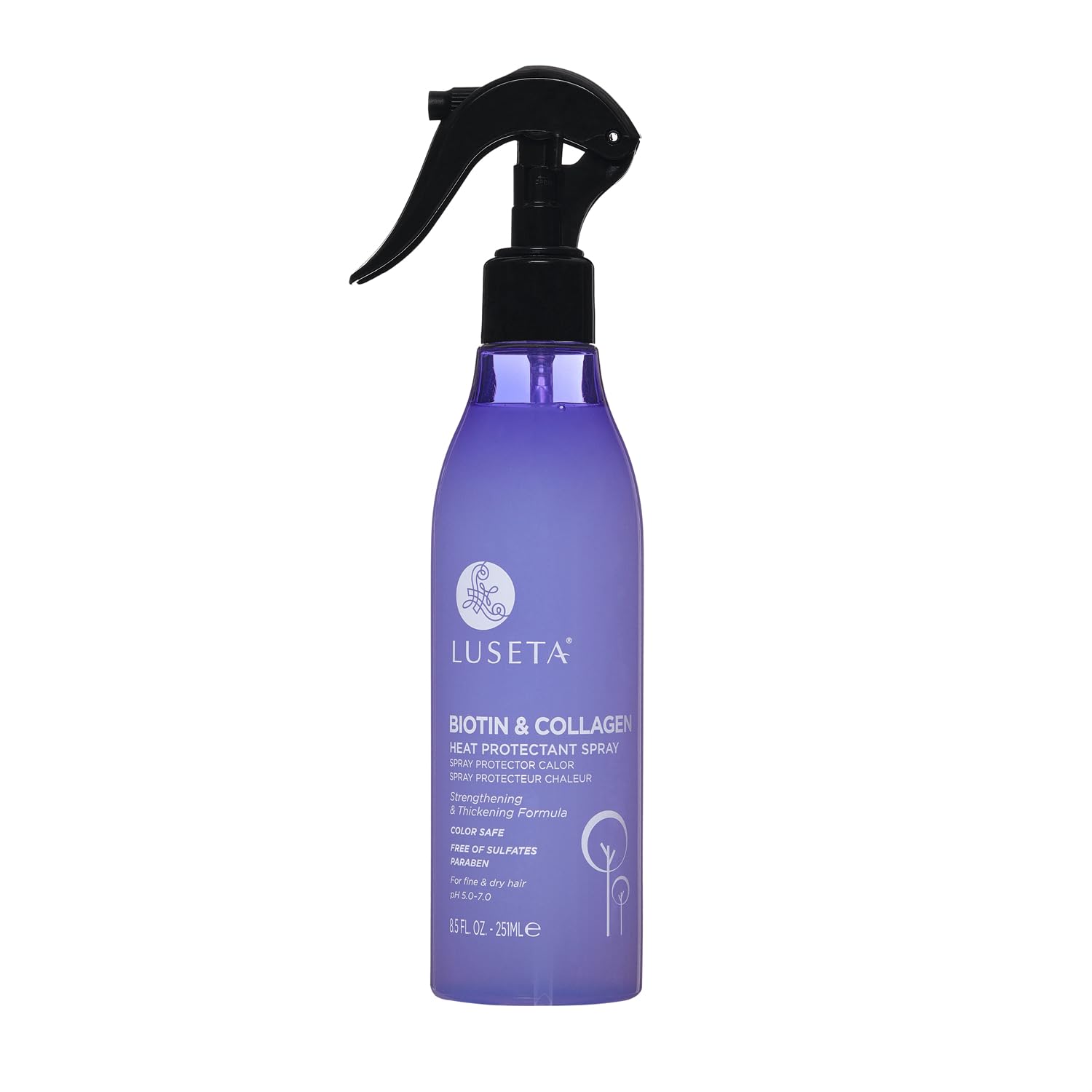 Luseta Biotin & Collagen Heat Protection Spray bottle on countertop, lightweight protection for heat styling.