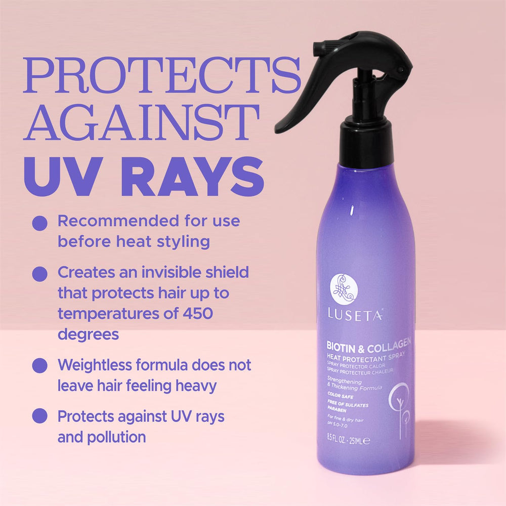 Luseta Biotin & Collagen Heat Protection Spray on hair, weightless shield before heat styling.