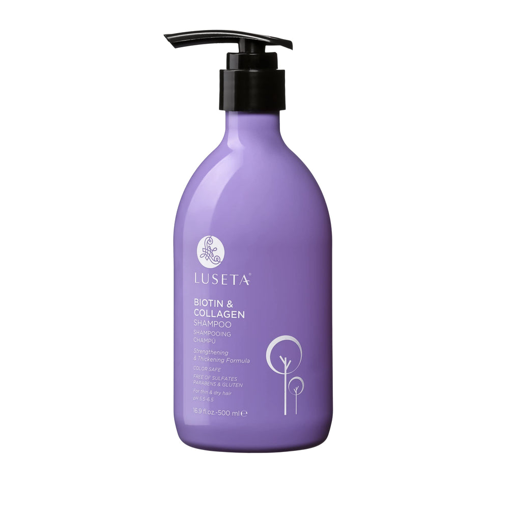 Luseta Biotin & Collagen shampoo bottle front view for fuller-looking hair