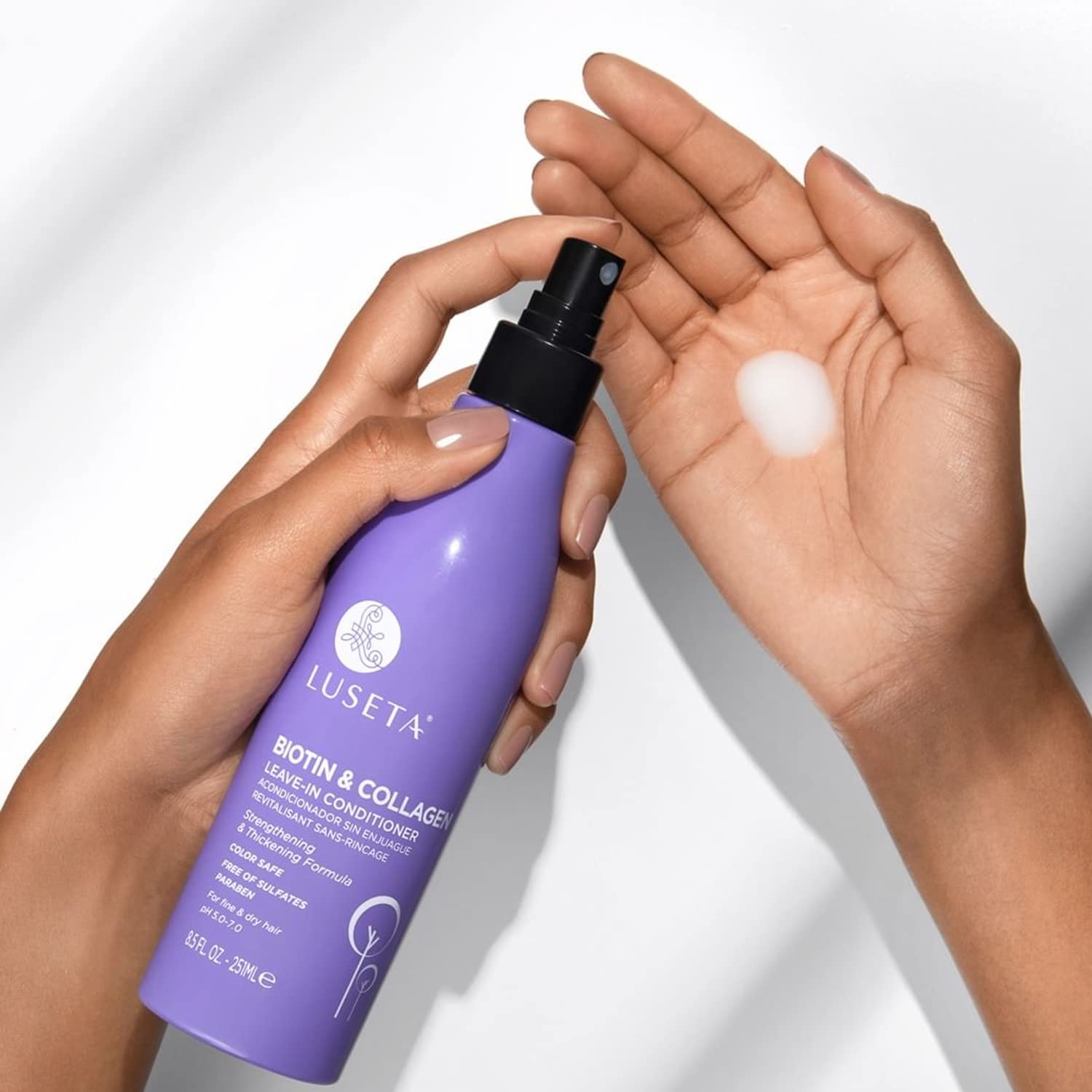 Luseta Biotin Leave-In Conditioner close-up shows nourishing coating for frizz control.