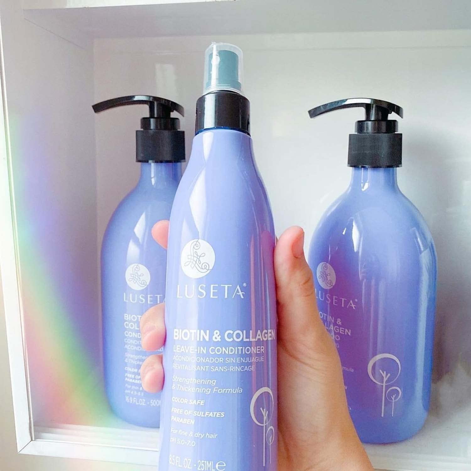 Luseta Biotin Leave-In Conditioner applied during styling for hydrated, resilient hair.