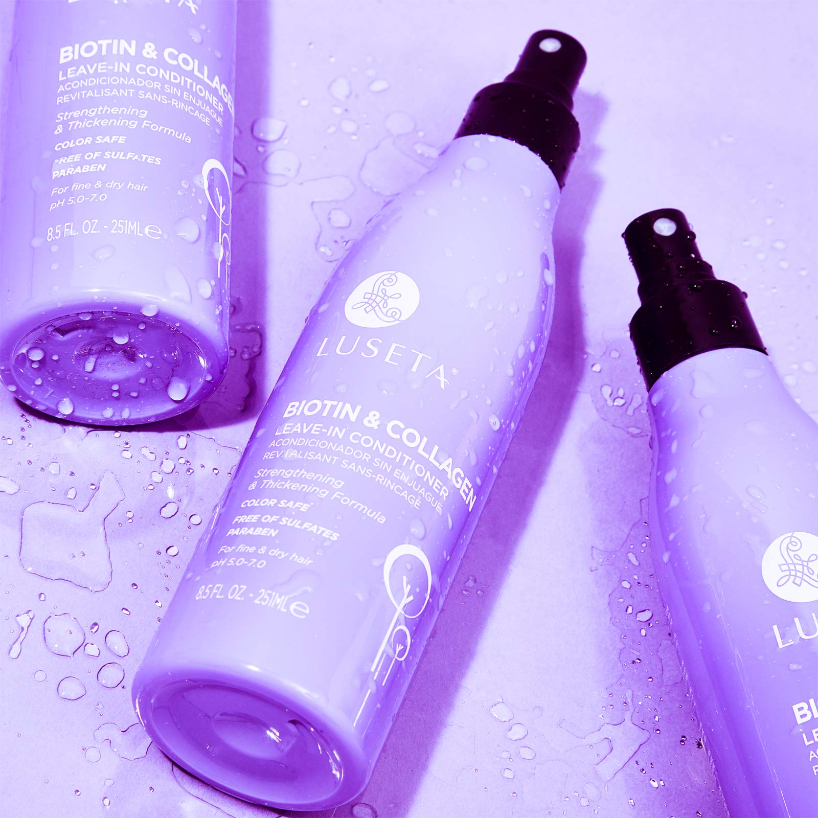 Luseta Biotin Leave-In Conditioner bottle demonstrates improved manageability and subtle shine.