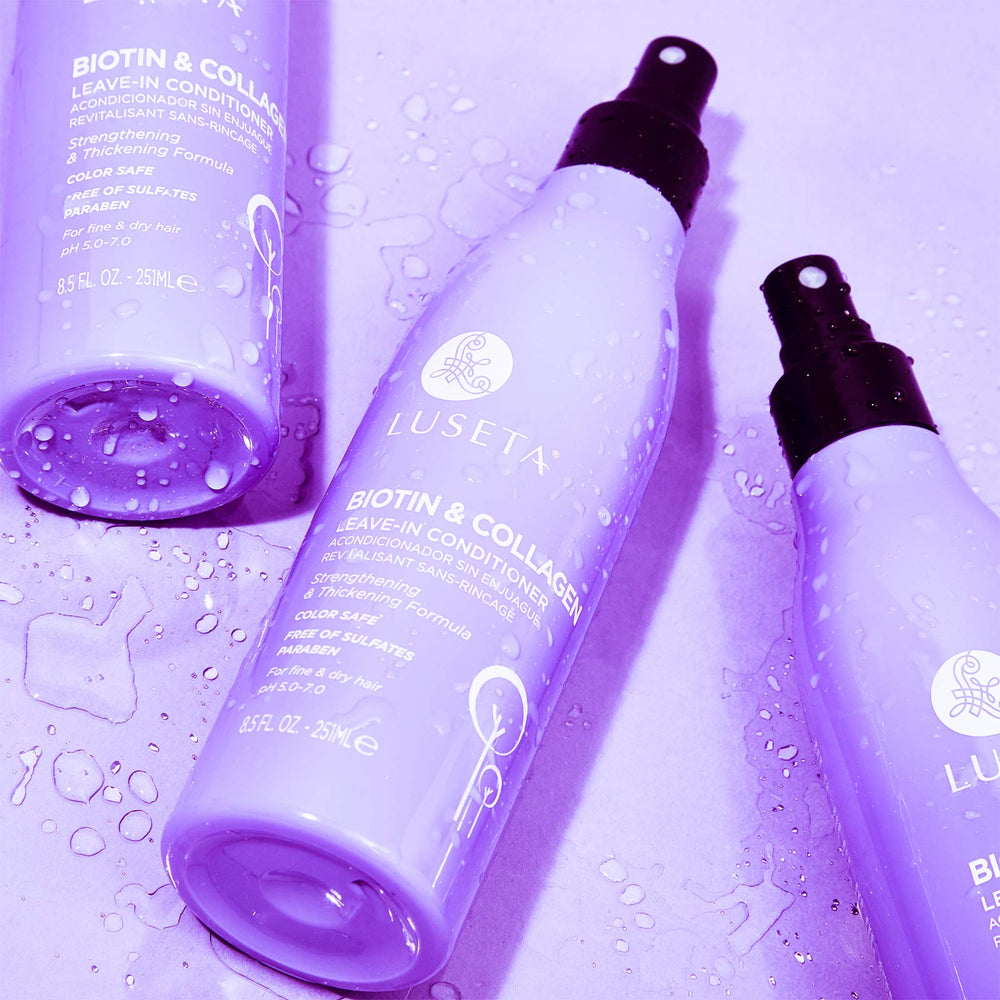 Luseta Biotin Leave-In Conditioner bottle demonstrates improved manageability and subtle shine.