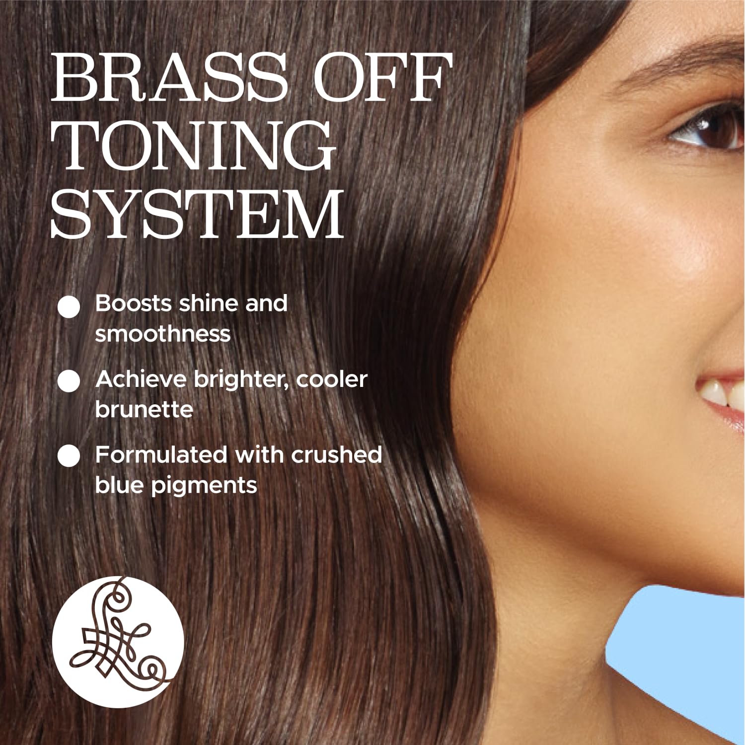 Luseta blue conditioner bottle highlighting tone correction for brunette hair.
