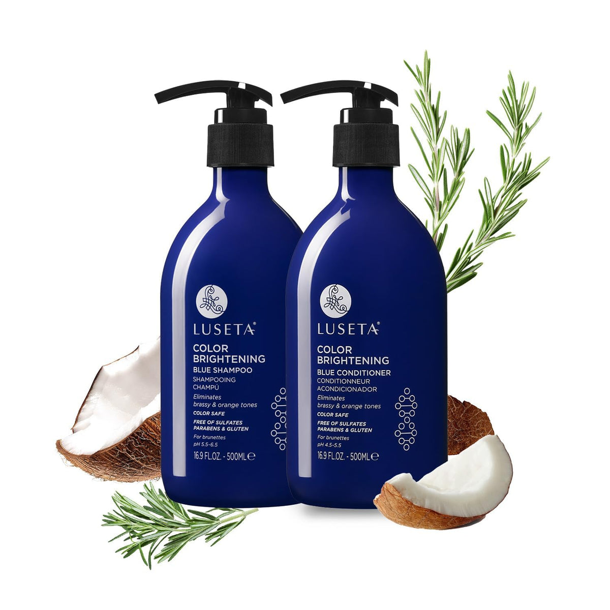 Luseta Blue Shampoo bottle pouring to illustrate toning action against brassiness for color-treated hair.