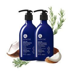 Luseta Blue Shampoo bottle pouring to illustrate toning action against brassiness for color-treated hair.