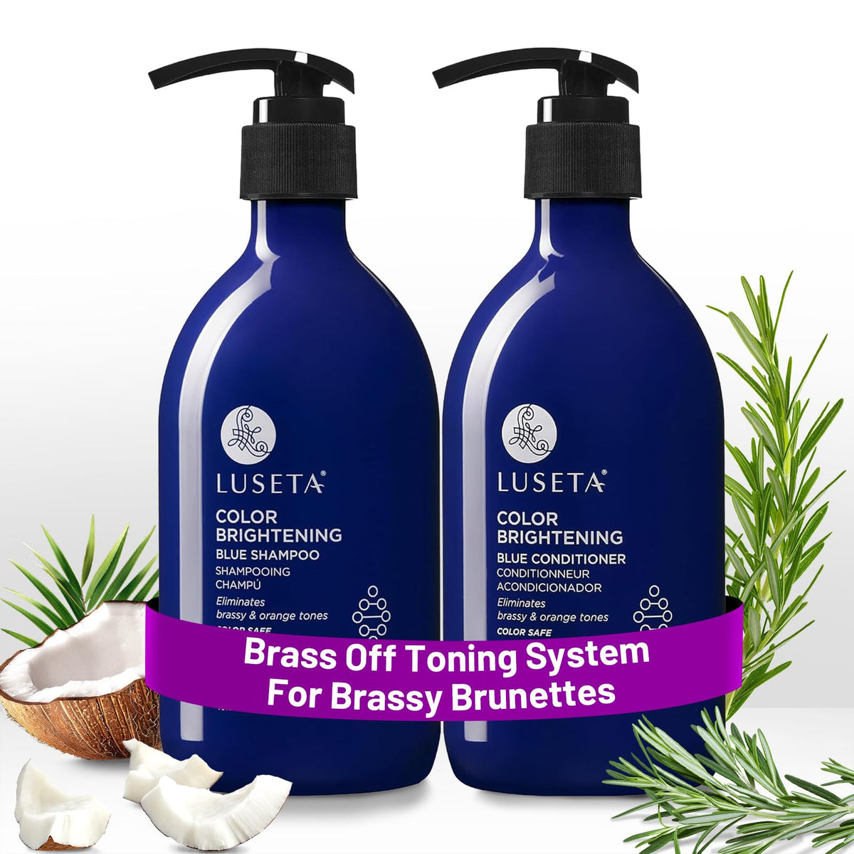 Luseta blue shampoo bottle showing color-brightening formula counteracting brass tones.