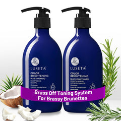 Luseta blue shampoo bottle showing color-brightening formula counteracting brass tones.