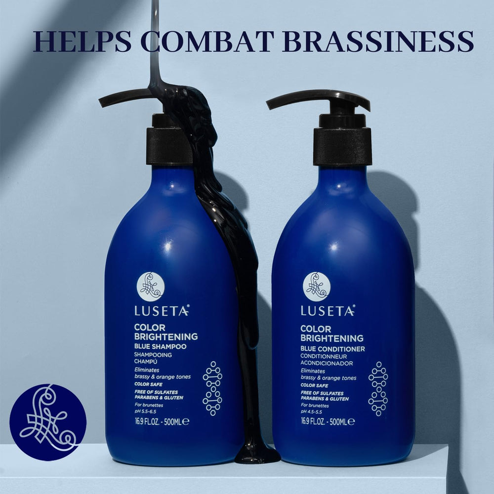 Luseta Blue Shampoo and Conditioner Duo Pack on display highlighting color maintenance.