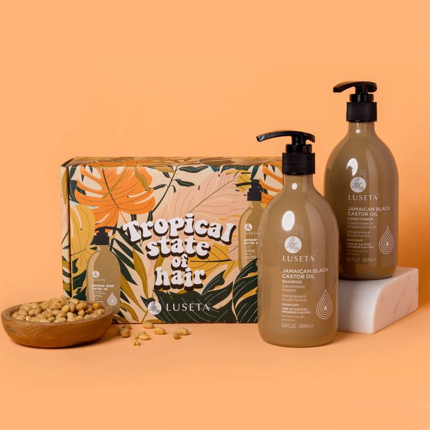 Luseta Castor Oil Shampoo and Conditioner set packaging highlighting sulfate-free formula