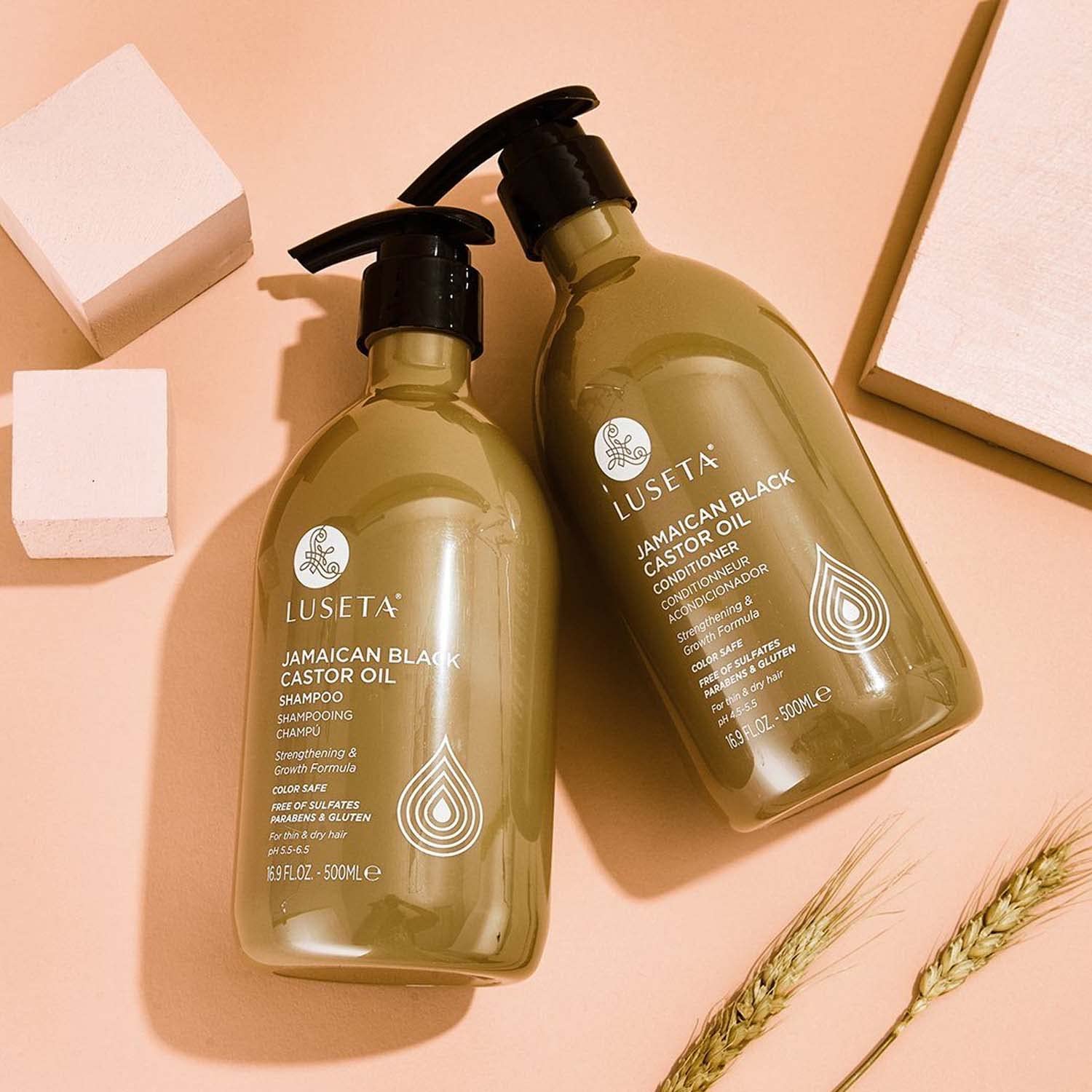 Luseta Castor Oil Shampoo in shower suggesting daily cleansing routine