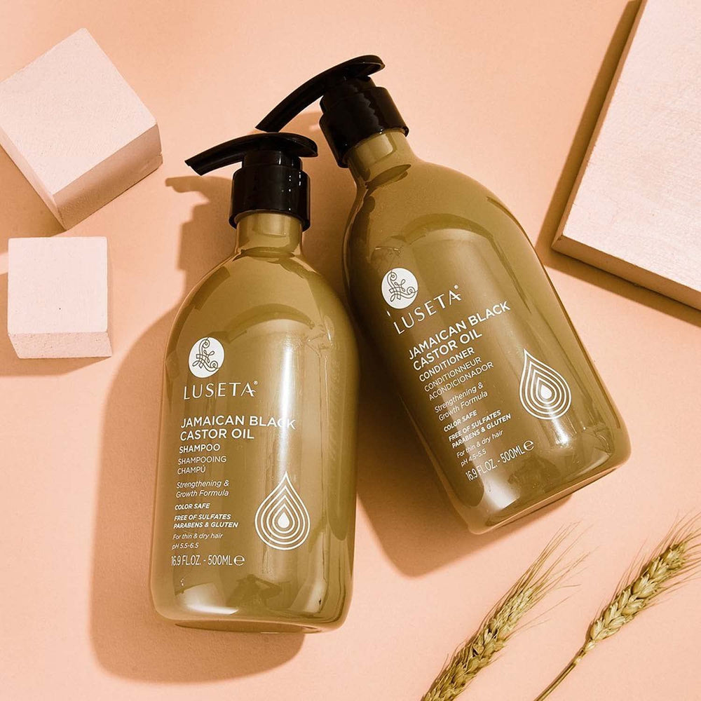 Luseta Castor Oil Shampoo in shower suggesting daily cleansing routine