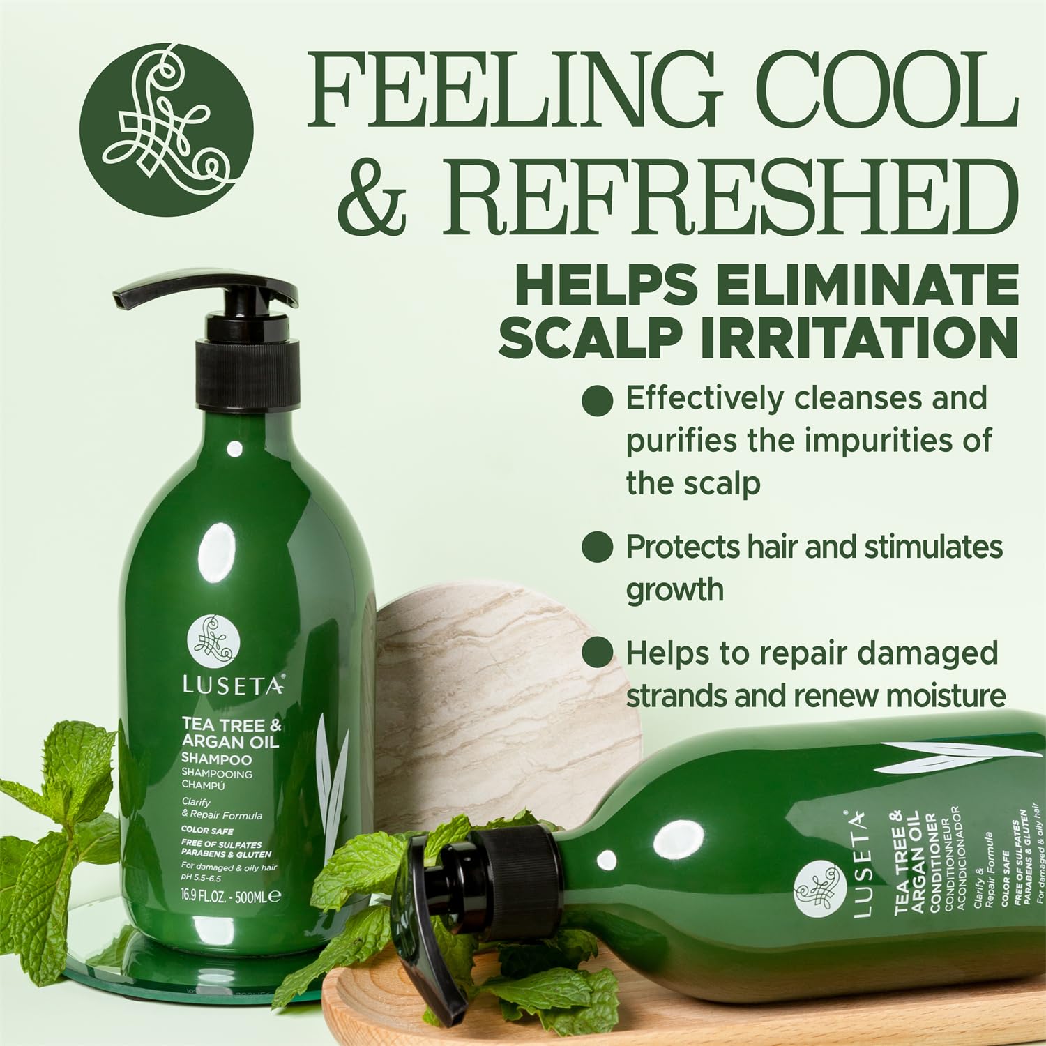 Luseta clarifying shampoo action image demonstrates a fresh cleanse for roots.