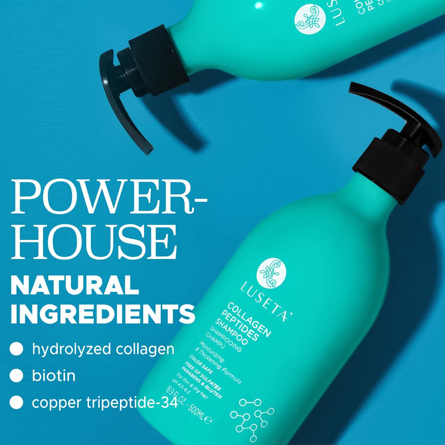 L Luseta collagen peptides shampoo ingredients label highlights peptide blend for nourishing strands