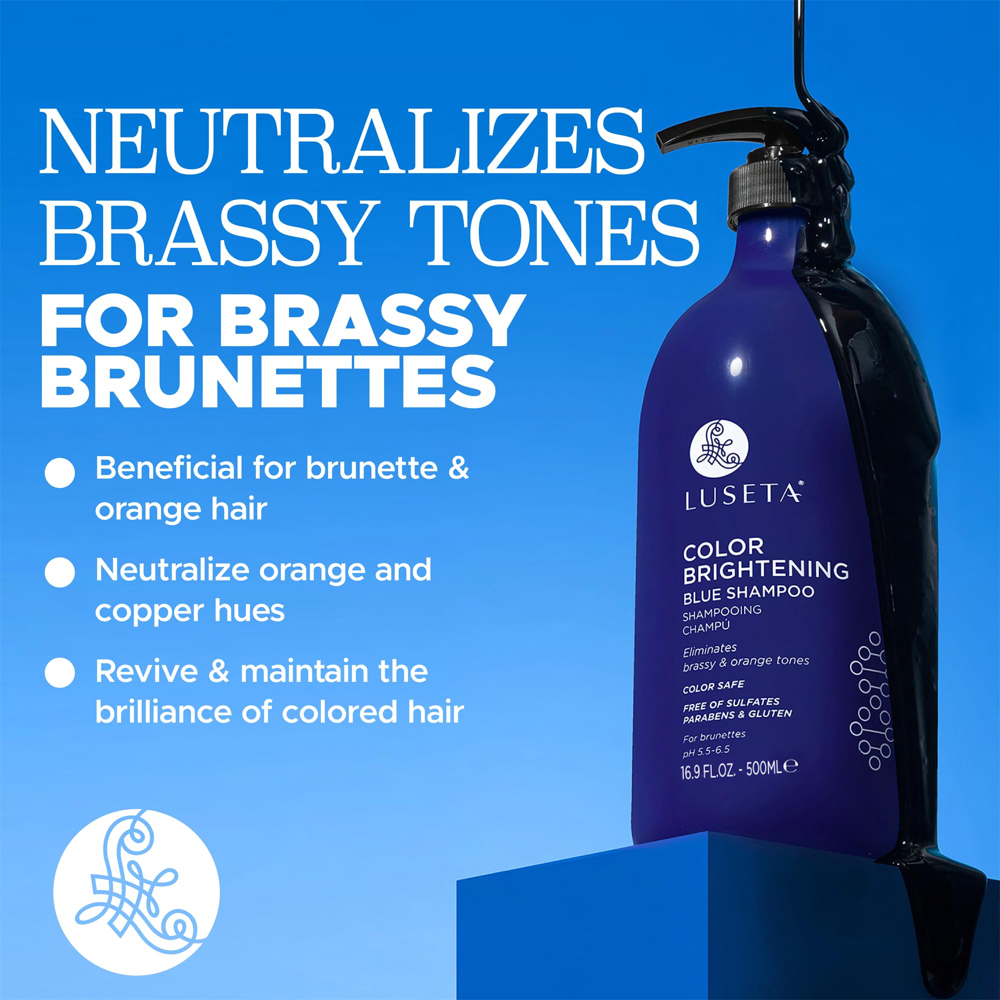 Luseta Color Brightening Blue Shampoo applied to brunette hair, neutralizing orange hues.