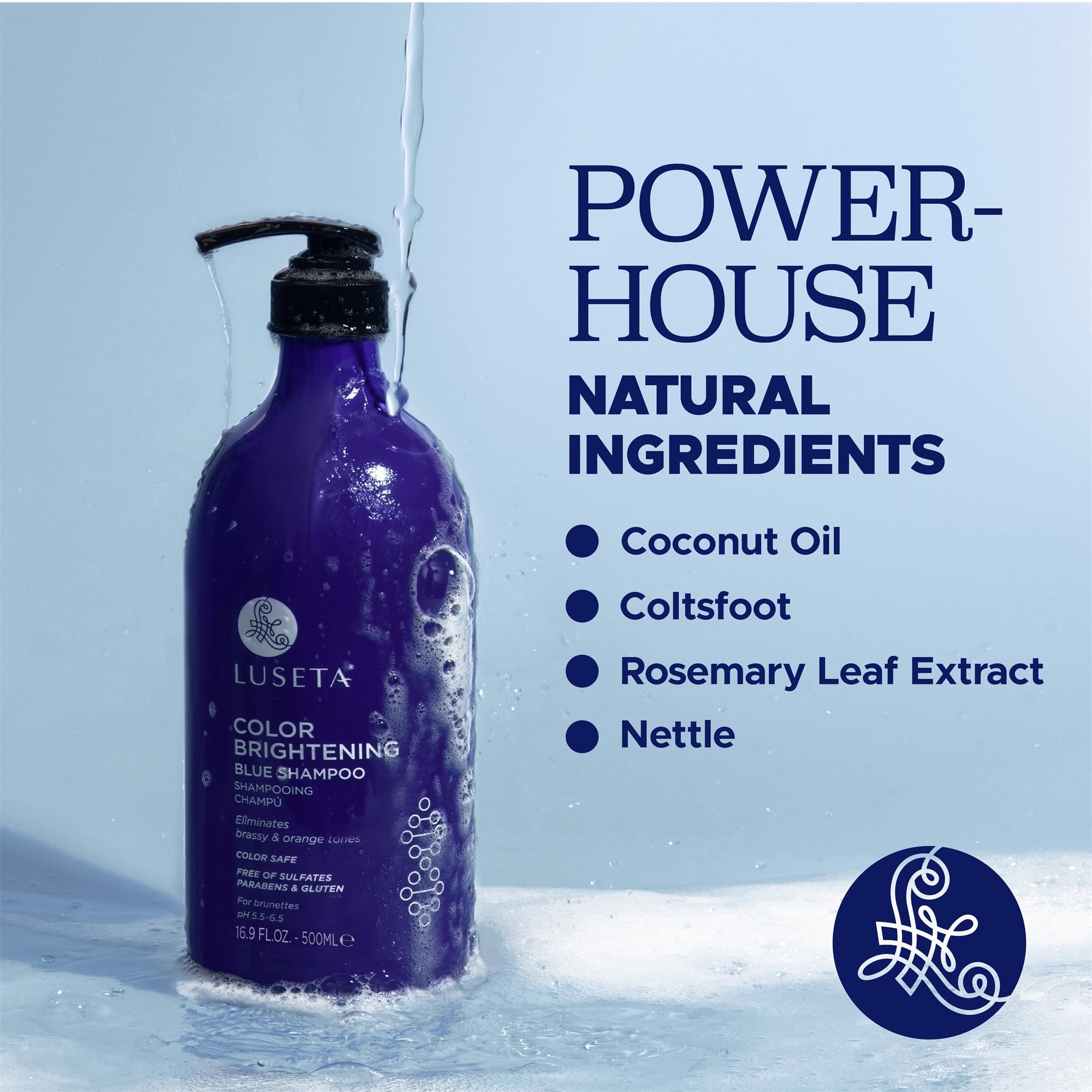 Luseta Color Brightening Blue Shampoo neutralizes brass tones on orange hair.
