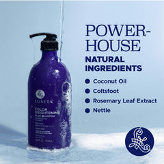 Luseta Color Brightening Blue Shampoo neutralizes brass tones on orange hair.