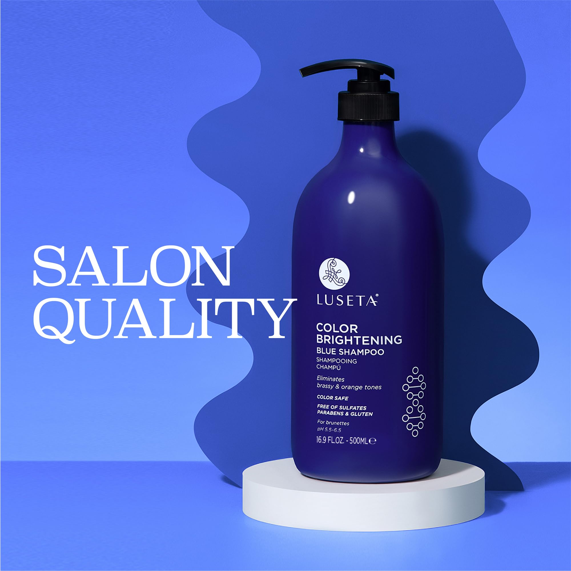 Luseta Color Brightening Blue Shampoo label highlights sulfate-free formula.
