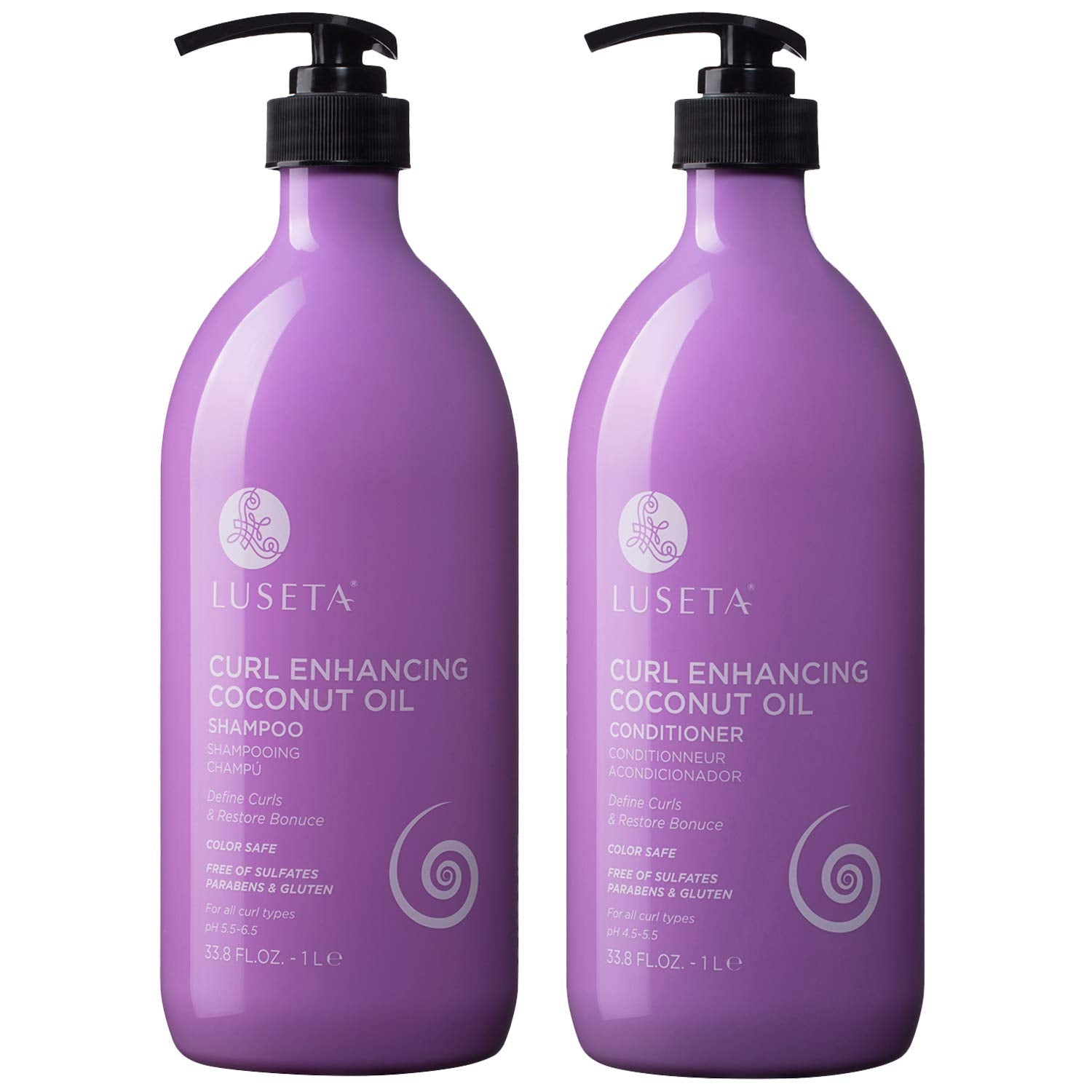 L LUSETA Curly Shampoo bottle with coconut oil for defined curls and gentle cleansing.