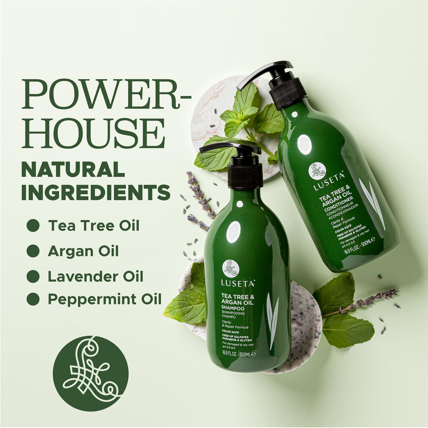 Luseta dandruff-fighting formula bottle conveys scalp refreshment and purity.